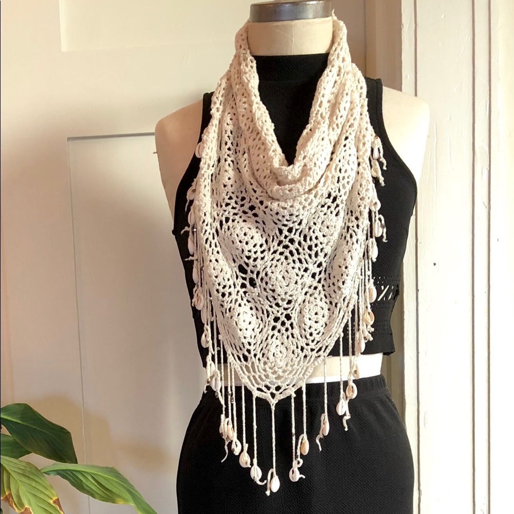 BOHO Crochet White Triangle Scarf w/ Cowrie Shells
